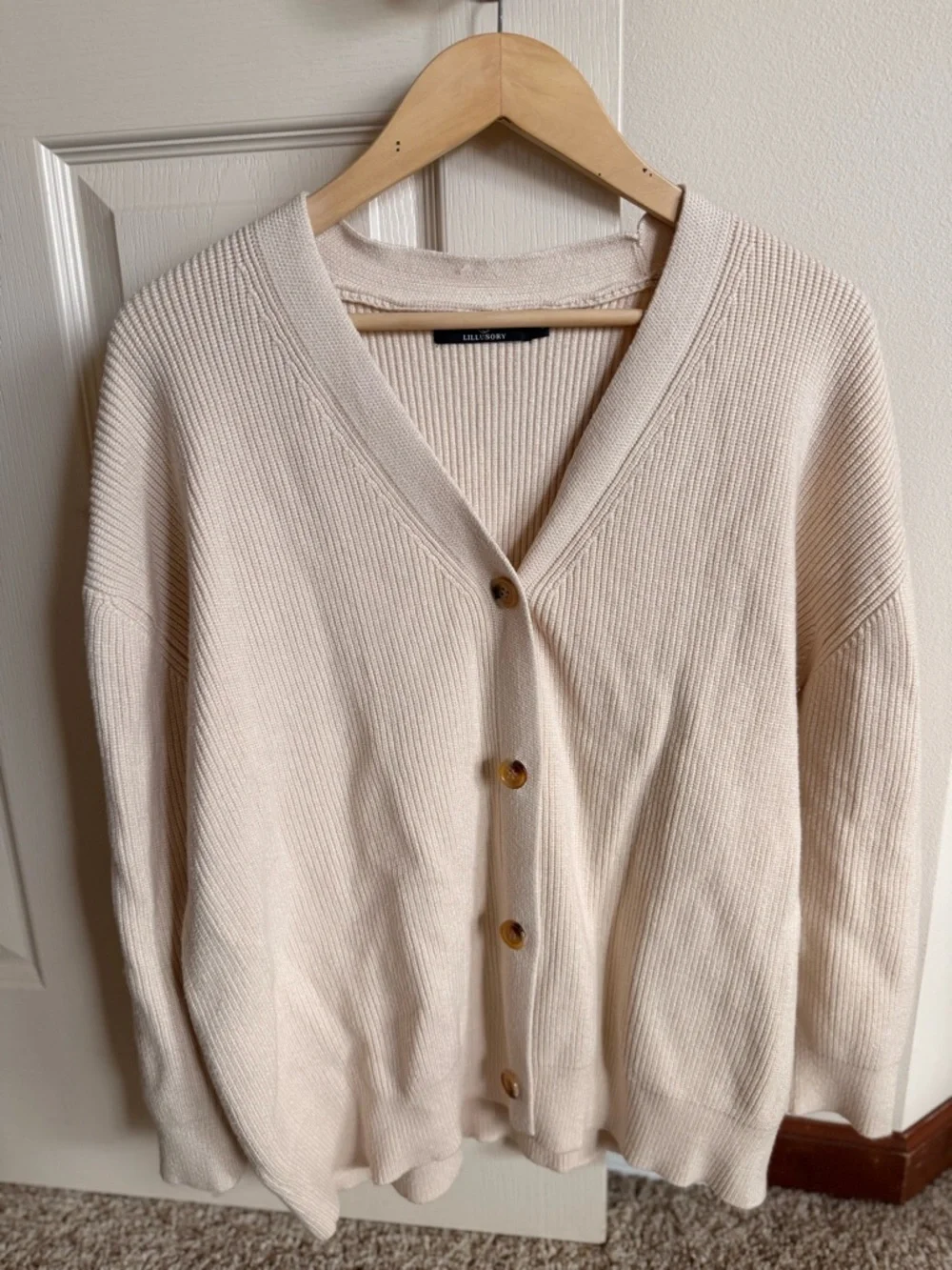 Amazon Ivory V-Neck Button Ribbed Cardigan - Picture 1 of 3